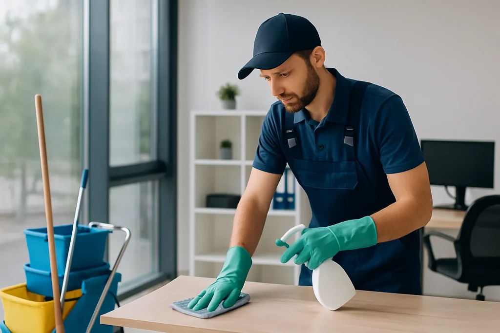 Équipe de nettoyage professionnelle à VIRE nettoyant un appartement.