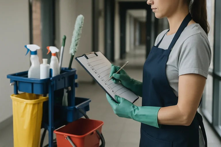 Checklist sur une table avec des outils de nettoyage, représentant le choix d'une entreprise à Orbec.
