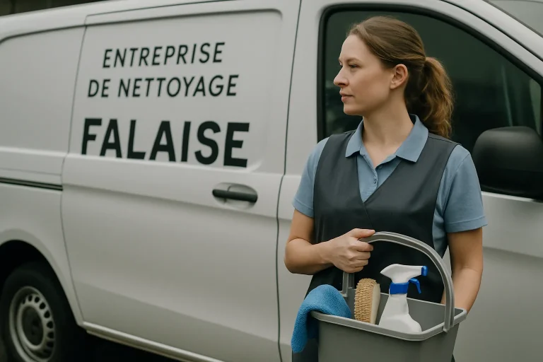 Un professionnel du nettoyage désinfecte un bureau à Falaise, utilisant un équipement moderne.