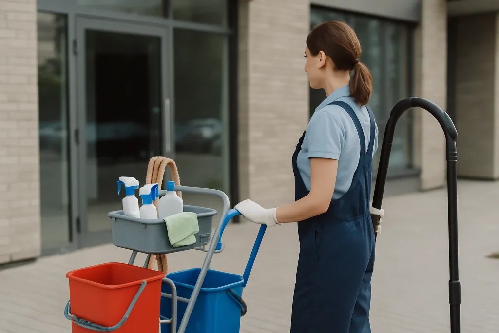 Un professionnel du nettoyage dans un bureau à FLEURY-SUR-ORNE utilisant des produits écologiques.