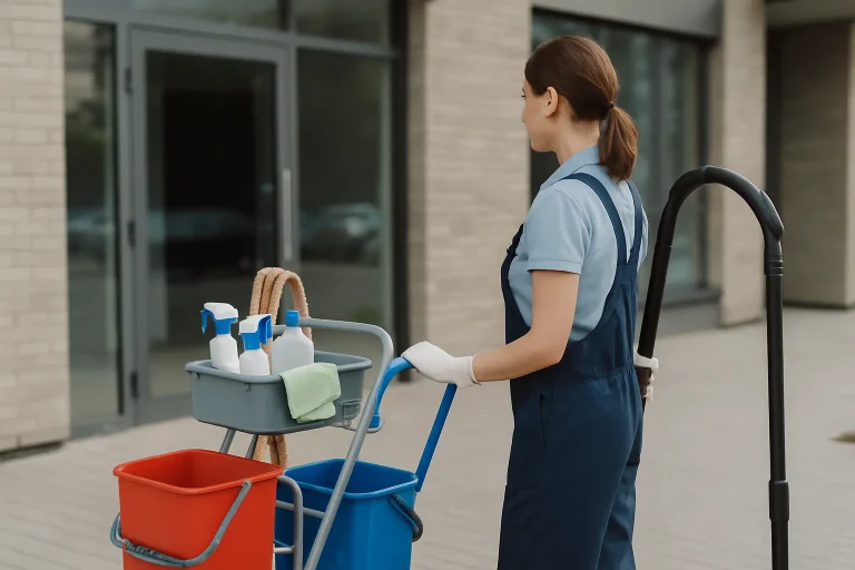 Un professionnel du nettoyage dans un bureau à FLEURY-SUR-ORNE utilisant des produits écologiques.