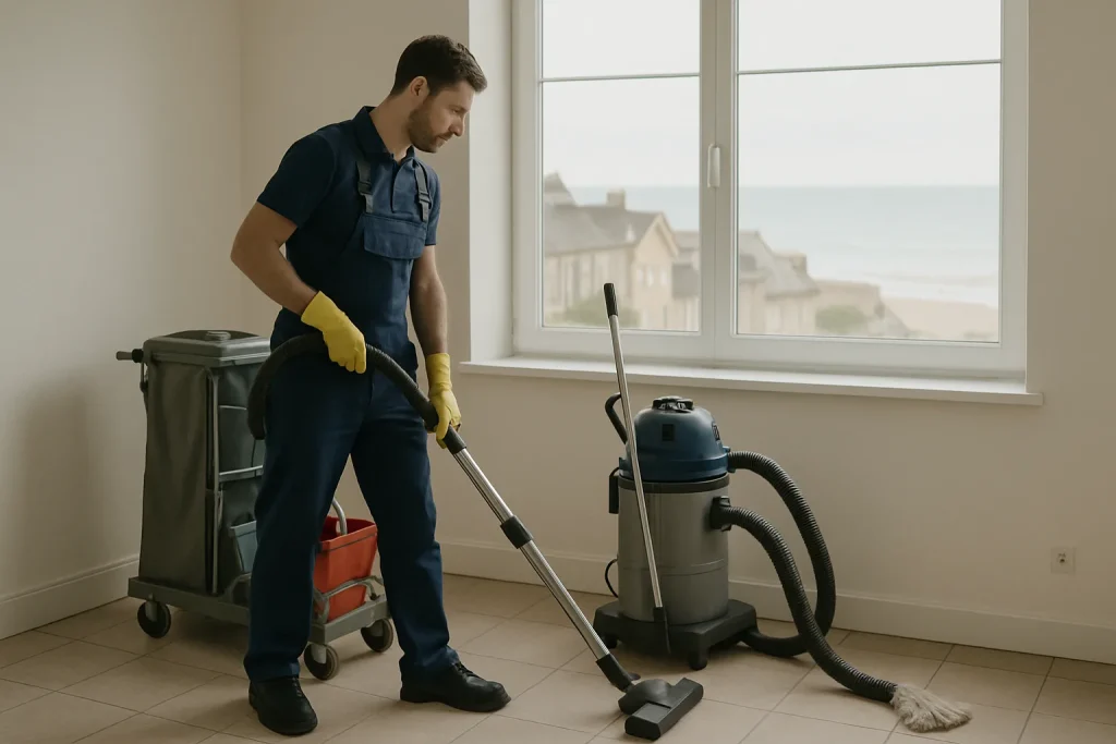 Équipe de nettoyage professionnelle dans un appartement à Saint-Aubin-sur-Mer, utilisant des équipements modernes.