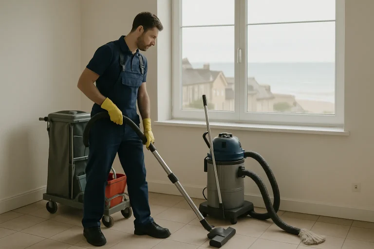Équipe de nettoyage professionnelle dans un appartement à Saint-Aubin-sur-Mer, utilisant des équipements modernes.