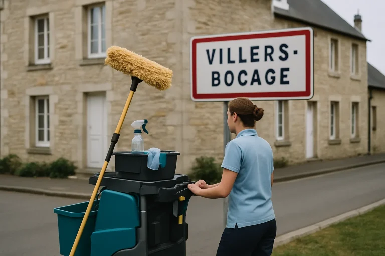 Équipe de nettoyage professionnelle en action dans un espace de Villers-Bocage.