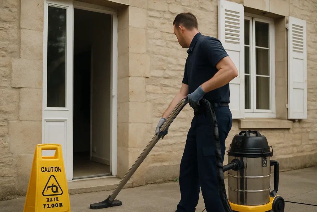 Technicien de nettoyage nettoyant un bureau à Saint-Pierre-sur-Dives avec des équipements professionnels.