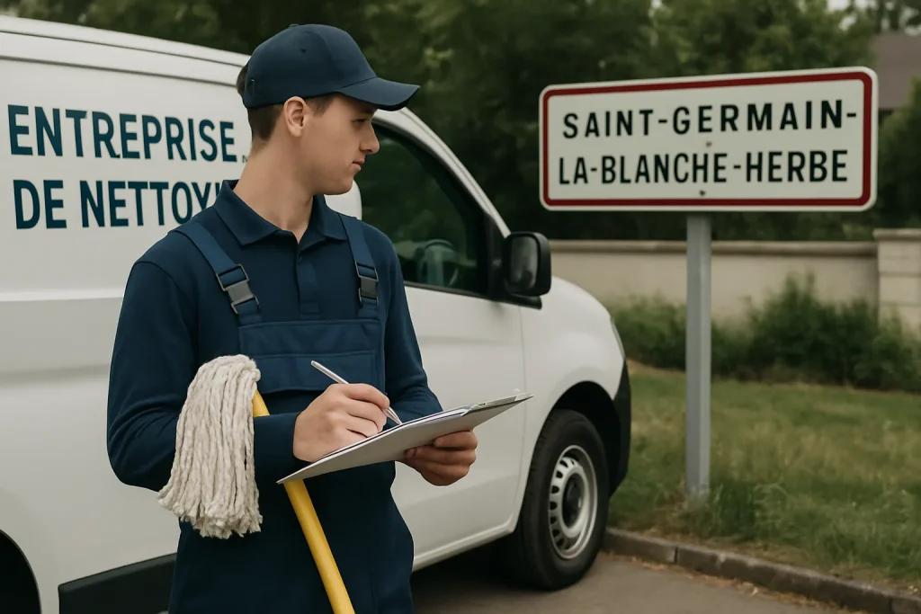 Bureau d'une entreprise de nettoyage à Saint-Germain-la-Blanche-Herbe avec équipements écologiques.