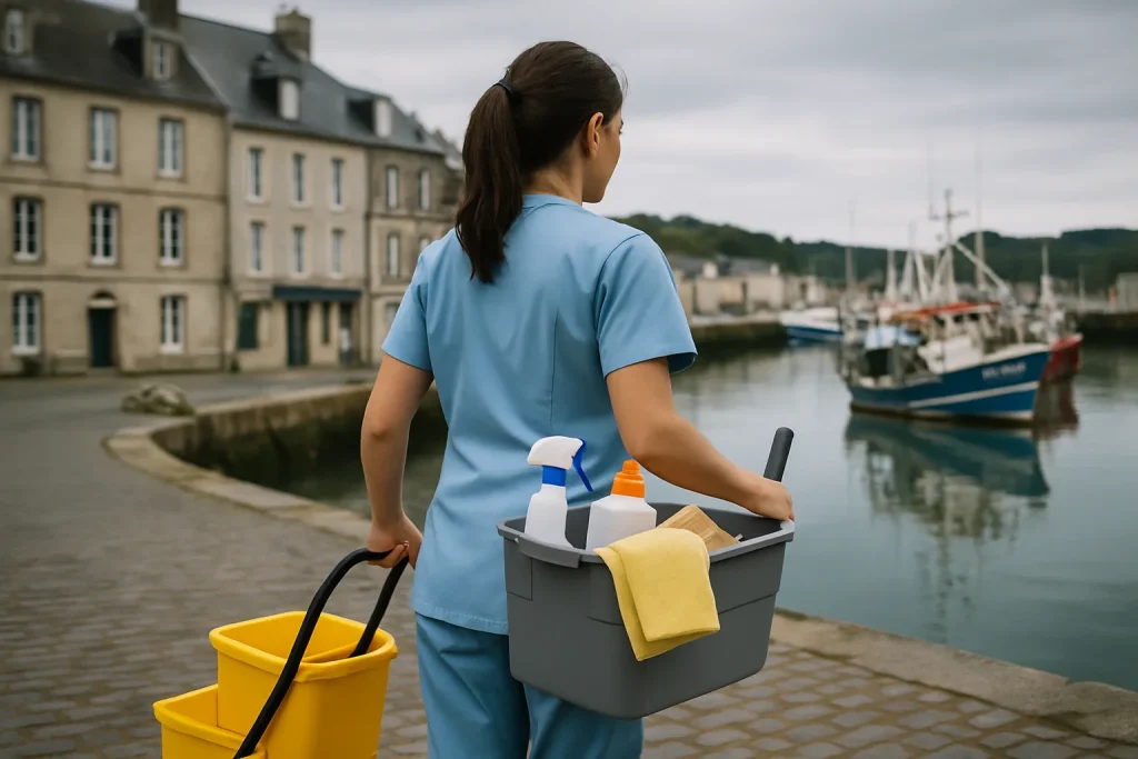 Équipe de nettoyage à Port-en-Bessin-Huppain avec équipements modernes dans un bureau.