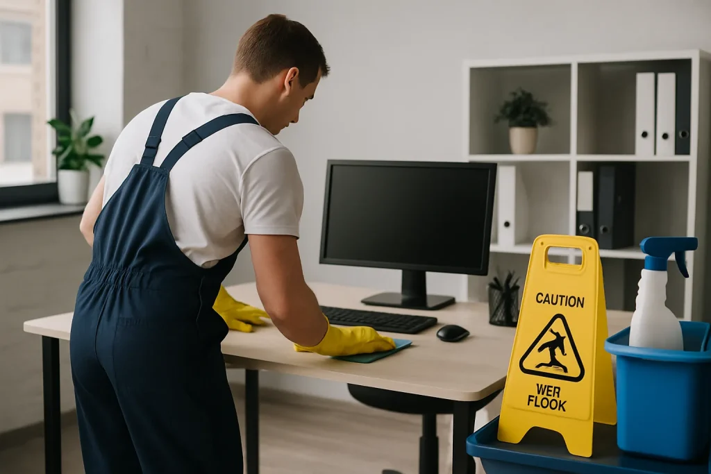 Un professionnel du nettoyage nettoie un bureau moderne à Giberville, mettant en avant un service de qualité.