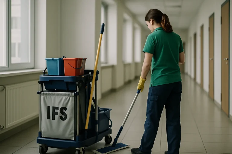 Professionnels du nettoyage à IFS nettoyant un appartement insalubre avec des équipements modernes.
