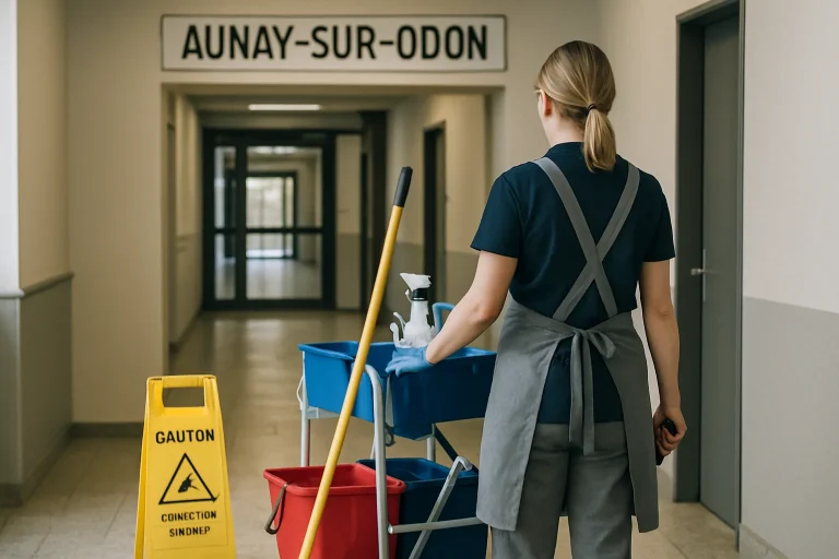 Une équipe de nettoyage à Aunay-sur-Odon s'occupant d'un bureau moderne.