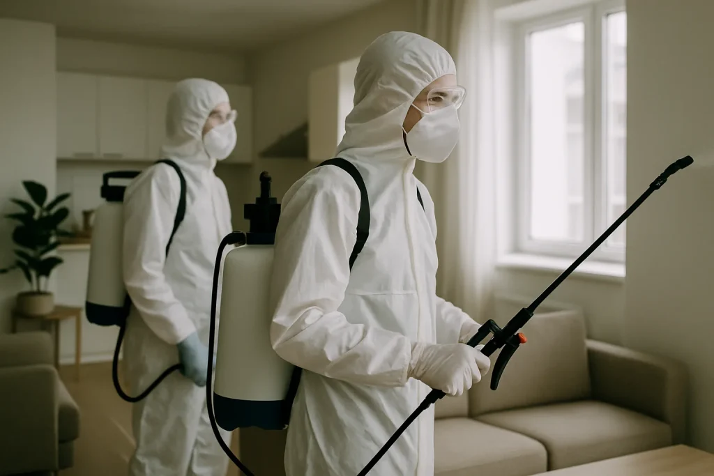 Équipe de nettoyage en tenue de protection effectuant une désinfection après décès.