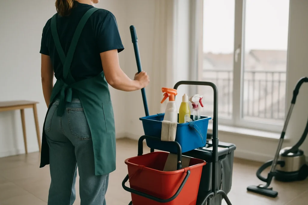 Un technicien de nettoyage dans un appartement à Courseulles-sur-Mer, utilisant des produits de nettoyage.