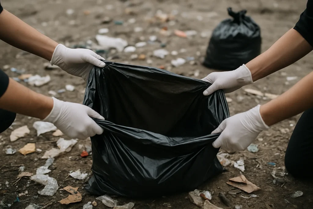 Mains gantées en train de remplir des sacs poubelles noirs, sol encombré de déchets