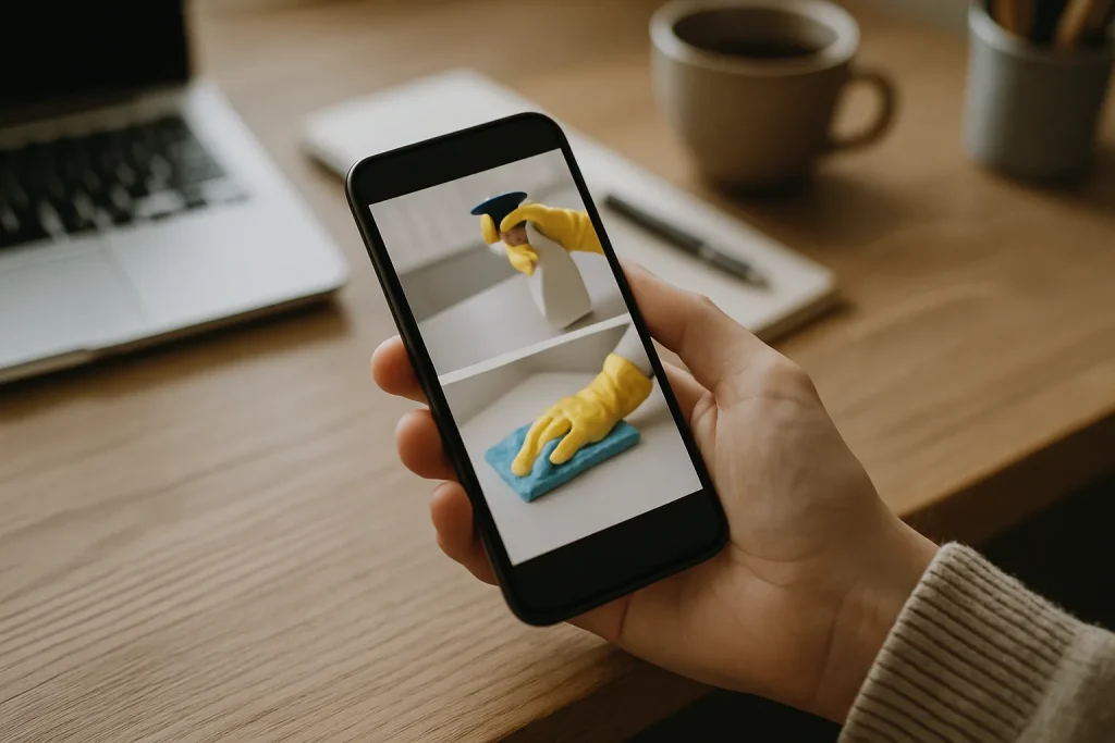 Main tenant un smartphone montrant des photos de nettoyage sur un bureau en bois.