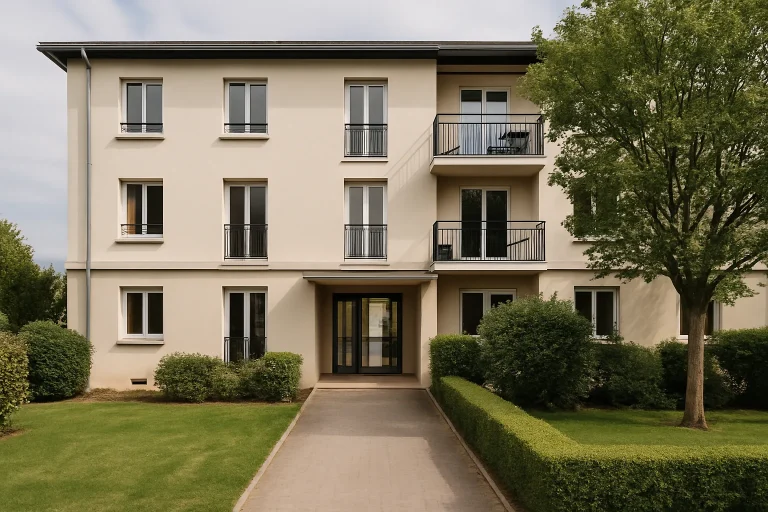 Immeuble résidentiel à Ouistreham avec entrée et jardin entretenus en plein jour.