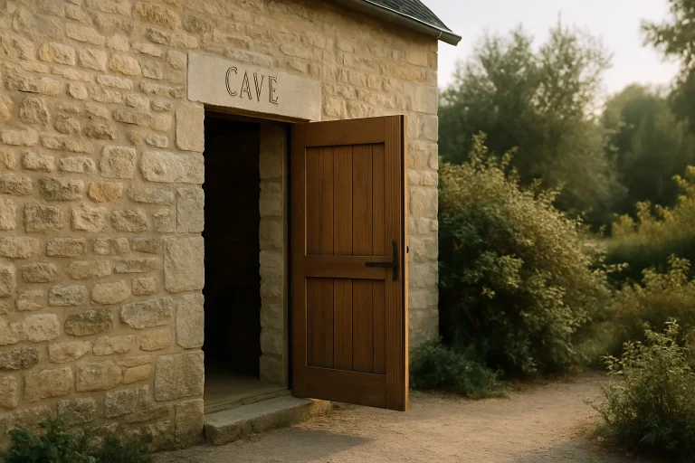 Vue extérieure d'une cave à Bayeux, porte en bois, façade en pierre.