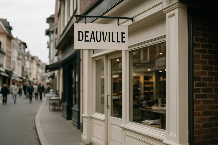Façade d'un commerce à Deauville avec enseigne, rue animée, lumière du jour