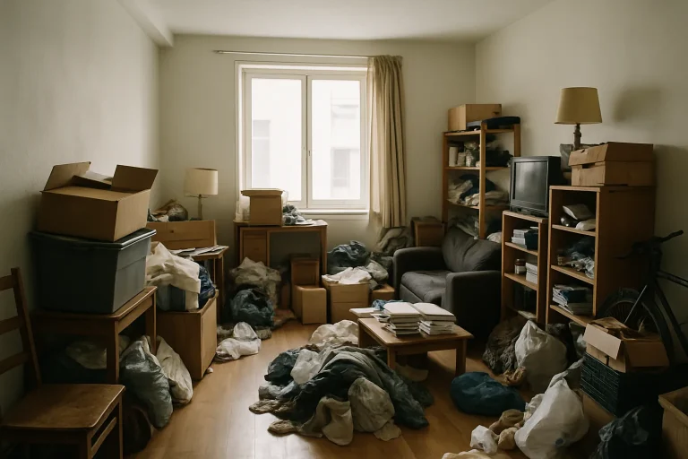Appartement très encombré avec meubles et objets entassés, lumière naturelle.