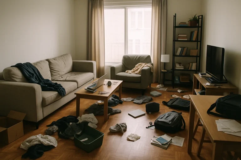 Appartement encombré à Mondeville, avec divers objets éparpillés et une lumière douce entrant par la fenêtre.