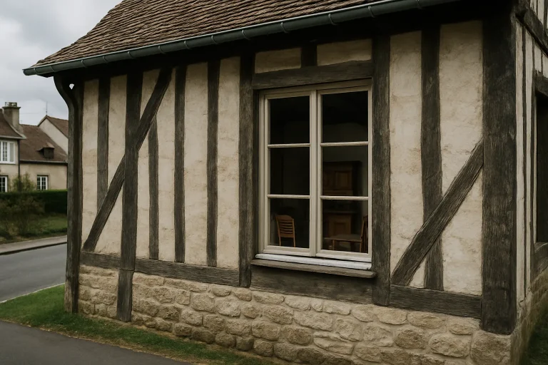 Maison ancienne à Dives-sur-Mer avec des meubles visibles par la fenêtre.