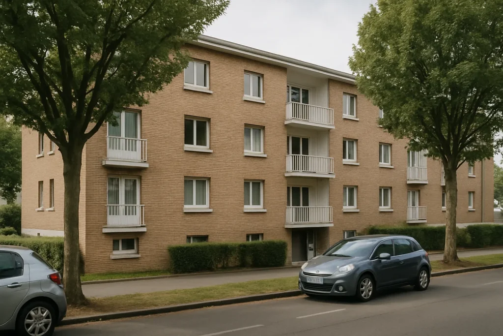 Immeuble résidentiel à Mondeville vu de l'extérieur, avec rue et voitures