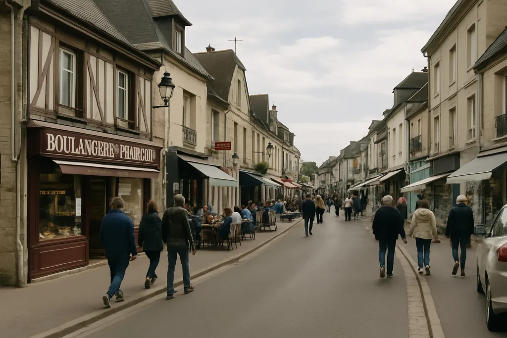 Rue de Courseulles-sur-Mer avec passants et commerces, lumière du jour