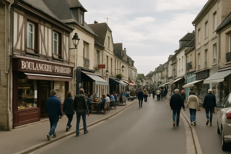 Rue de Courseulles-sur-Mer avec passants et commerces, lumière du jour