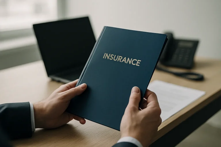 Des mains tiennent un dossier d'assurance sur un bureau avec des équipements de bureau en arrière-plan flou