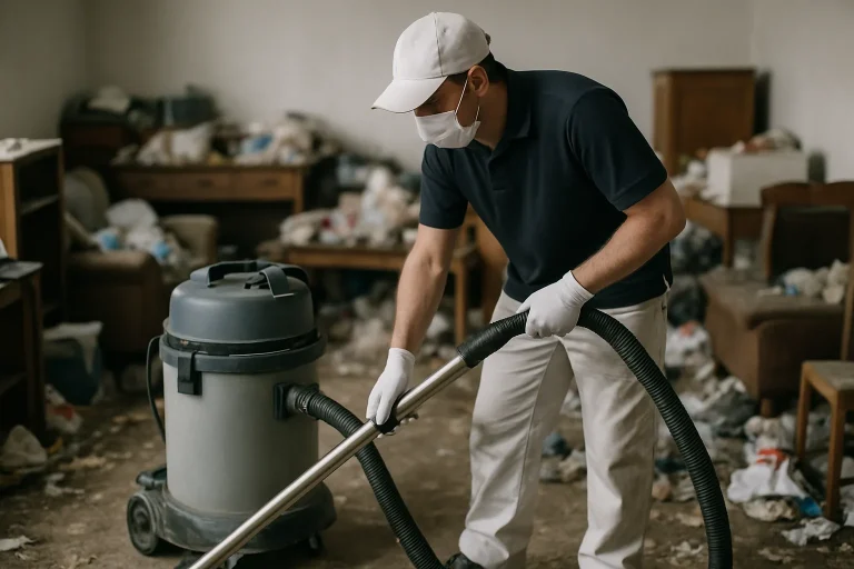 Un professionnel utilise un aspirateur industriel dans un logement insalubre à Pont-l'Évêque.