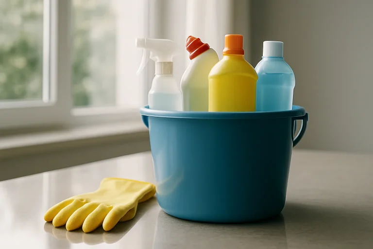Seau avec produits de nettoyage et gants en caoutchouc sur une surface propre.
