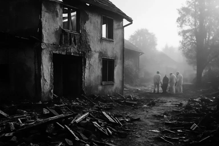 Bâtiment endommagé avec équipe de nettoyage, scène en noir et blanc contrastée