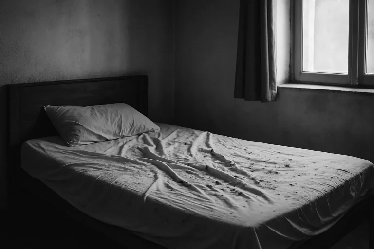 Chambre en noir et blanc avec lit défait montrant des signes de punaises de lit.