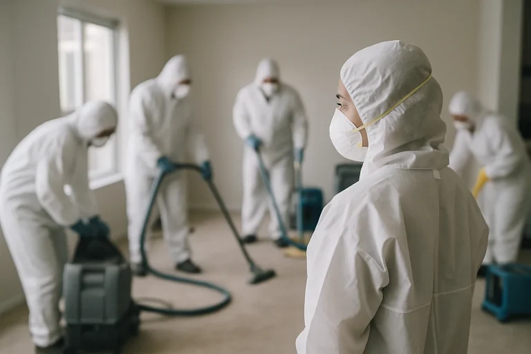 Équipe de nettoyage d'urgence en action dans un appartement à Caen, vue d'ensemble.