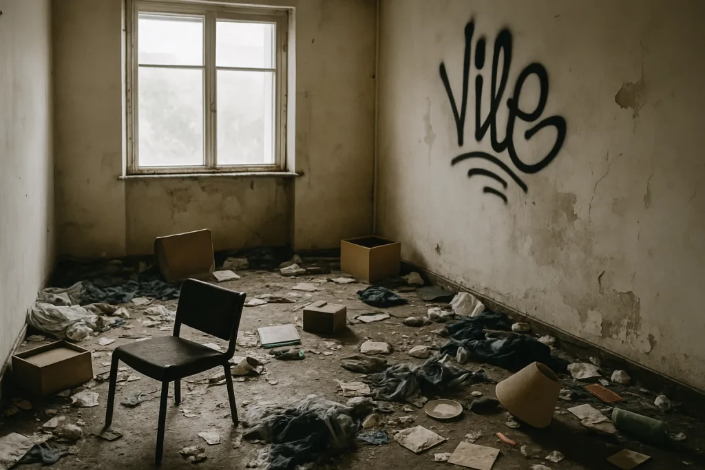 Pièce abandonnée avec des graffitis et objets éparpillés après un squat à Bayeux.
