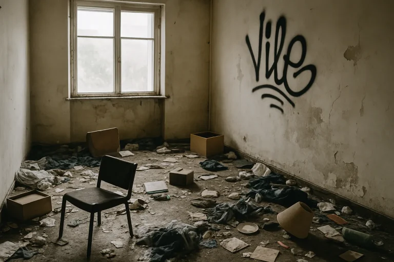 Pièce abandonnée avec des graffitis et objets éparpillés après un squat à Bayeux.