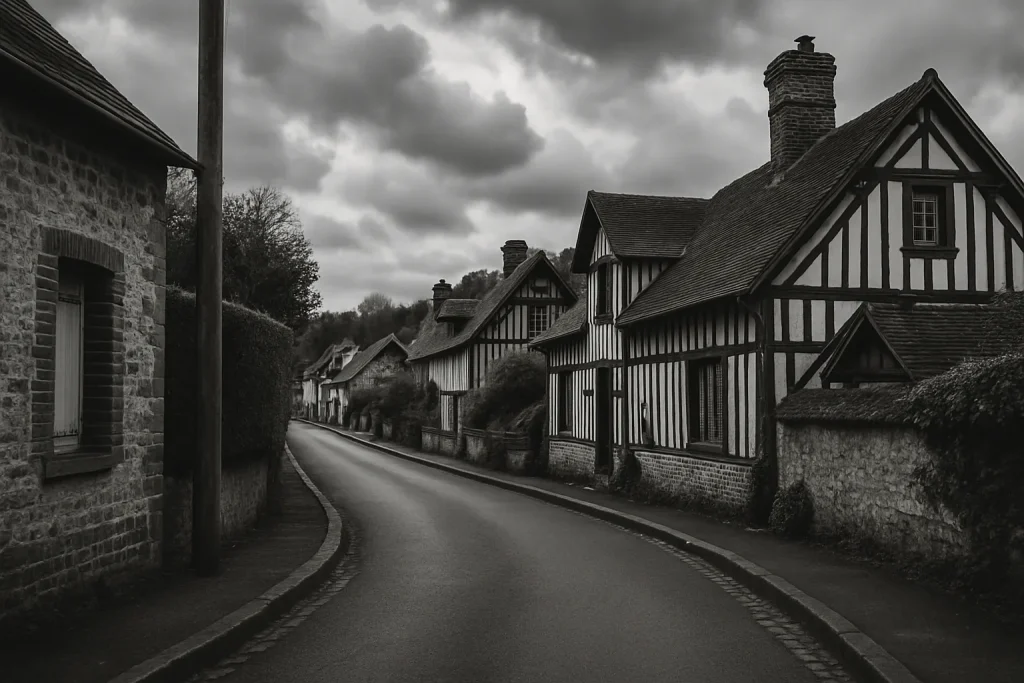 Rue calme avec maisons normandes près d'Honfleur, ciel nuageux, en noir et blanc