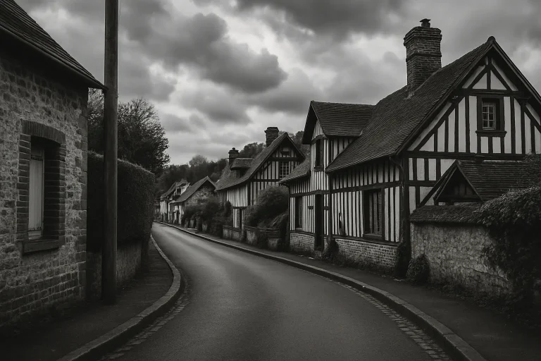 Rue calme avec maisons normandes près d'Honfleur, ciel nuageux, en noir et blanc