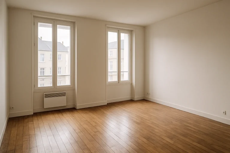 Appartement vide avec parquet ancien à Caen, lumière douce entrant par les fenêtres.