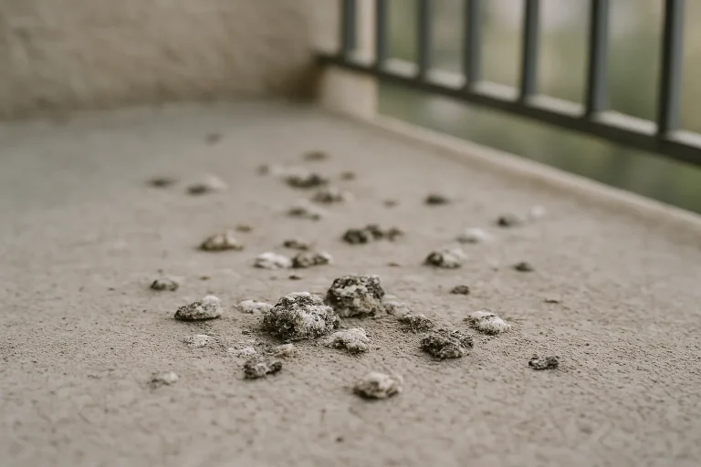 Gros plan sur des fientes de pigeon sur un balcon à Hérouville-Saint-Clair avec une barrière floue en arrière-plan