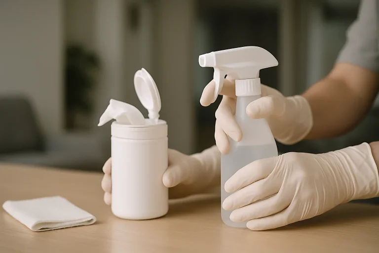 Mains gantées manipulant des produits de désinfection dans un intérieur post-infestation