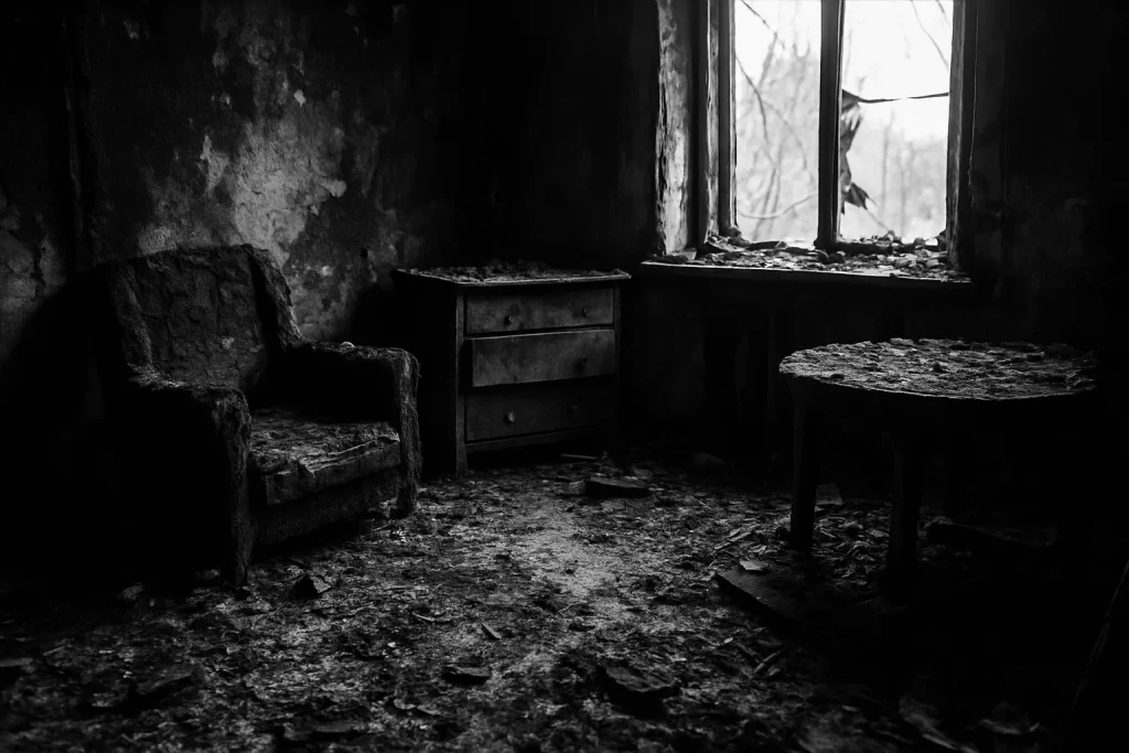 Pièce en noir et blanc montrant des dégâts d'incendie avec cendres et meubles endommagés.