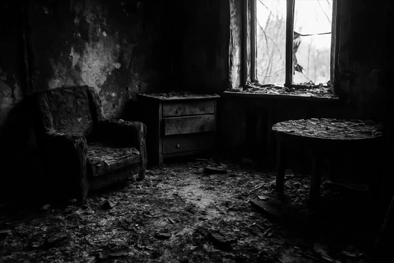 Pièce en noir et blanc montrant des dégâts d'incendie avec cendres et meubles endommagés.