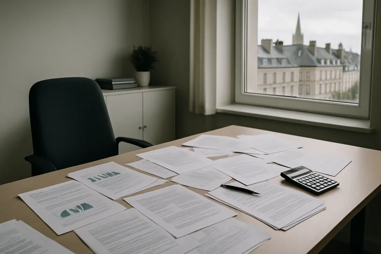 Bureau d'assurance à Caen avec des documents de sinistre et une vue sur la ville.