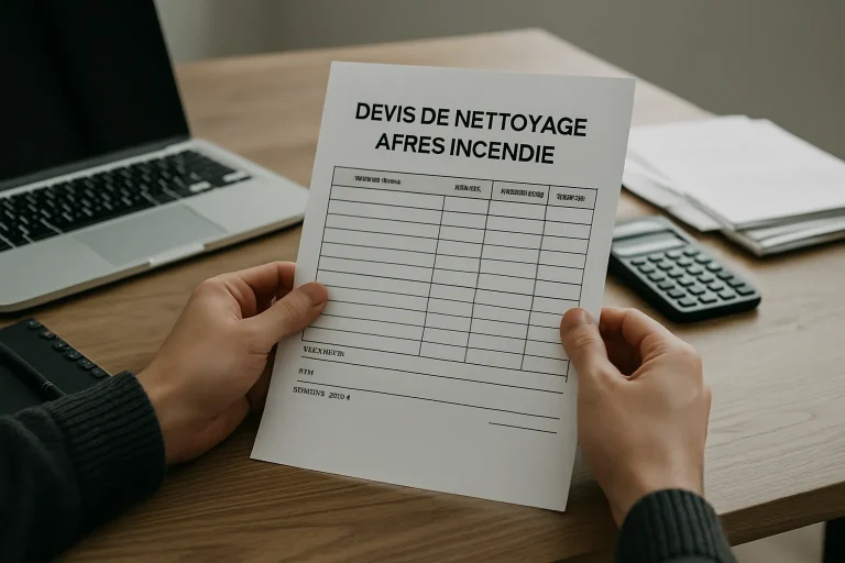 Des mains tenant un devis de nettoyage après incendie sur une table de bureau.