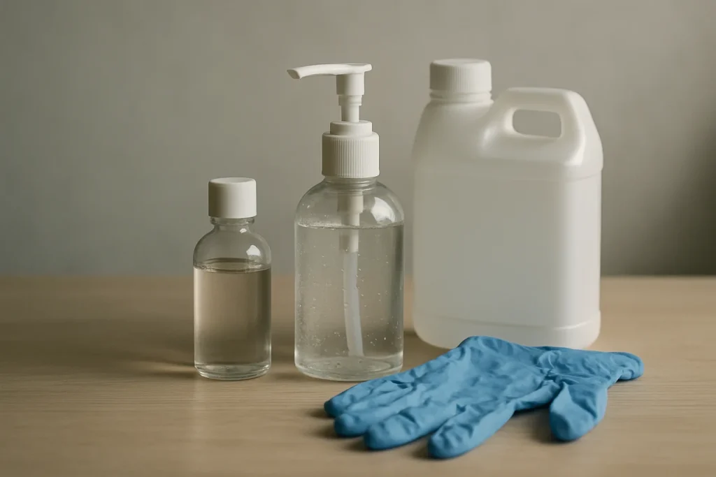 Produits de décontamination posés sur une table avec éclairage latéral.