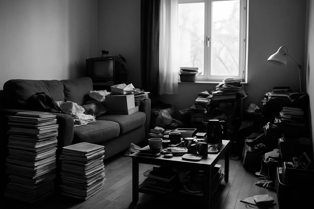 Appartement encombré avec piles de magazines et objets divers, lumière naturelle.