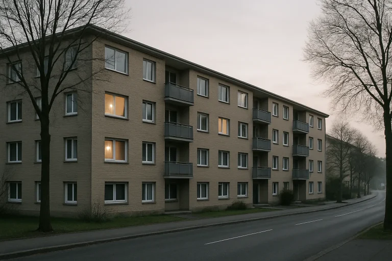 Vue d'une copropriété au petit matin avec quelques fenêtres illuminées.