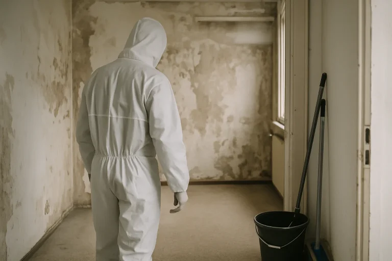 Personne en combinaison inspectant un appartement délabré avec outils de nettoyage.