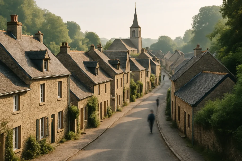 Vue d'un village autour de Falaise avec maisons en pierre et ruelles étroites.