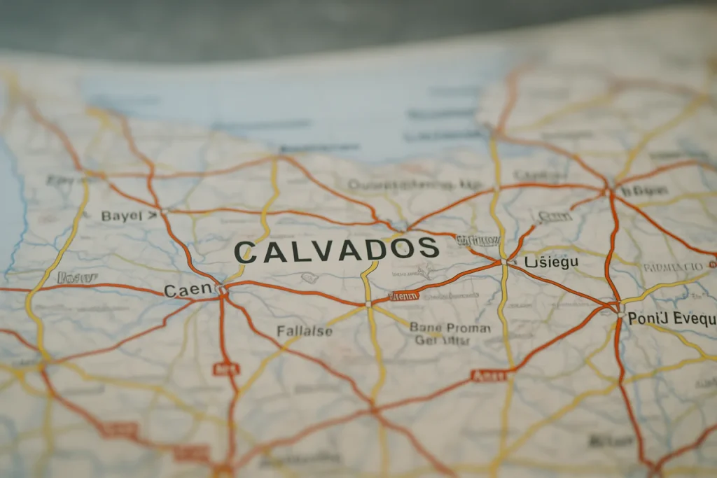 Carte routière du Calvados montrant les routes principales et villes couvertes par les services d'urgence